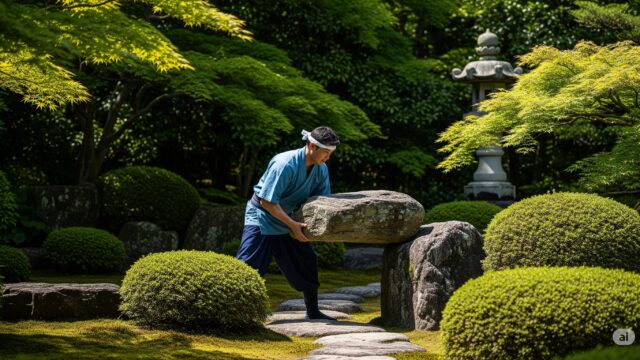 重い石を持ち上げたり、木を剪定したりする日本人庭師